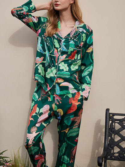 Green Parrot Print Silk Pajama Set