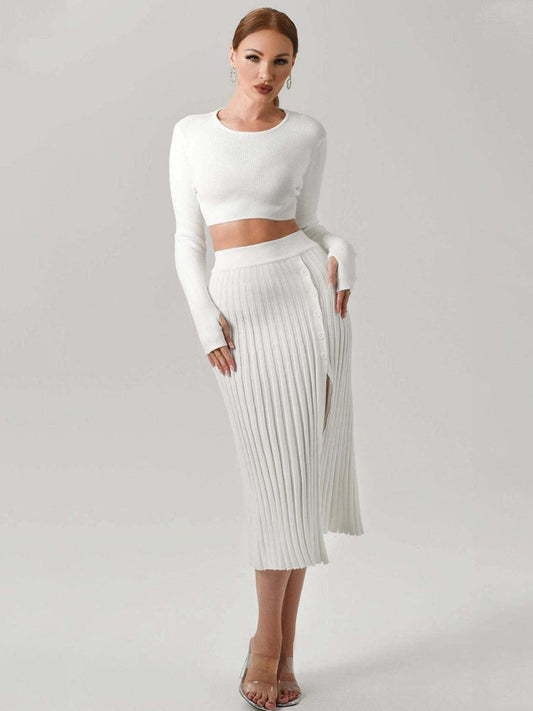 Stylish Solid Color Pleated Knit Skirt Set