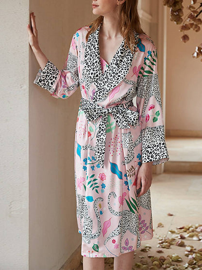 Dressing Pink Snow Leopard Silk Robe Set