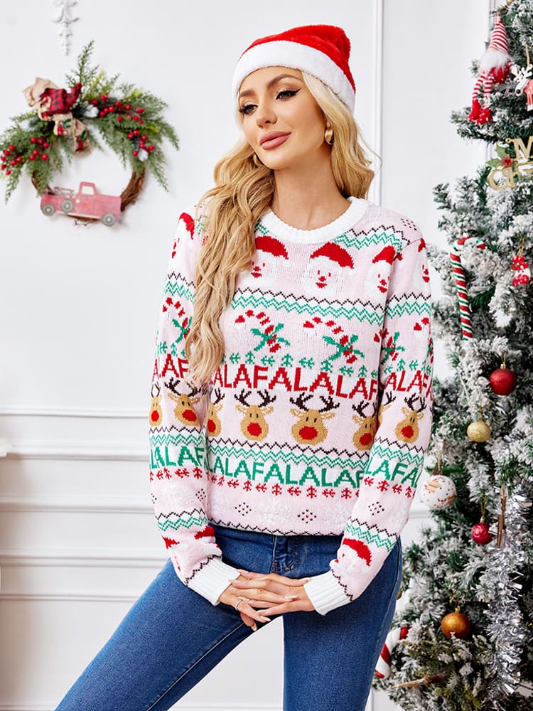 Loose-Fit Round Neck Christmas Cartoon Knit Sweater - Pink