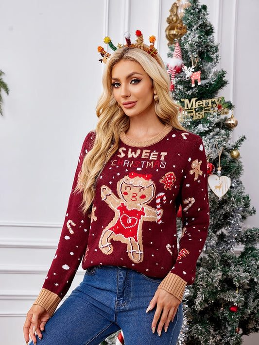 Casual Crewneck Embroidered Sweater – Gingerbread Man