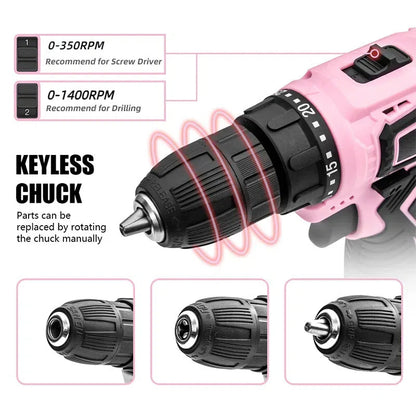 Pink Cordless Drill Driver Set with 25+1 Torque Settings