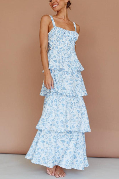 Provence Bloom Tiered Maxi Dress - Floral Blue