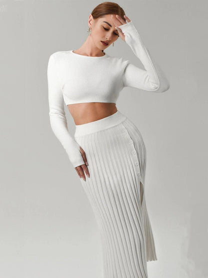 Stylish Solid Color Pleated Knit Skirt Set