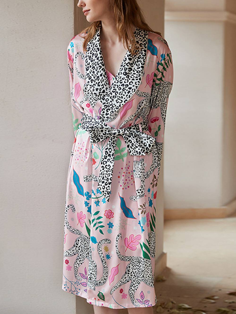 Dressing Pink Snow Leopard Silk Robe Set