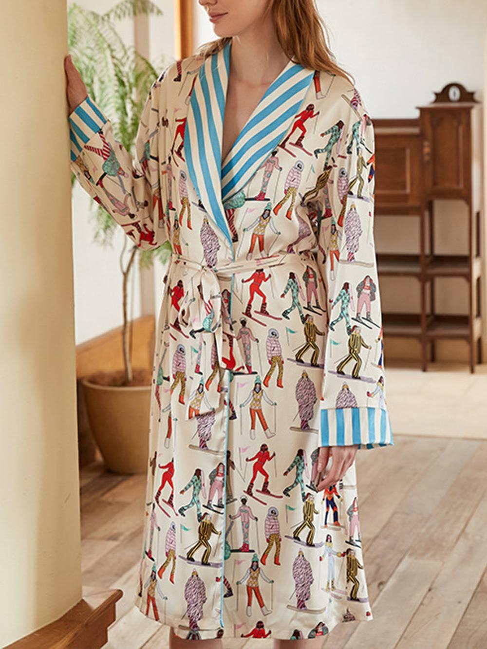 Ski Sports Print Silk Robe Set