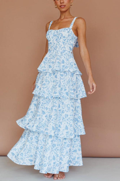 Provence Bloom Tiered Maxi Dress - Floral Blue