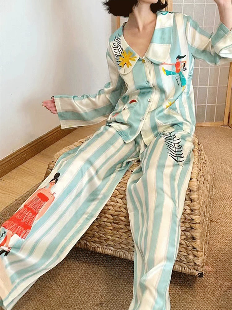 Homewear - Printed Ice Silk Long Sleeve Pajama Set